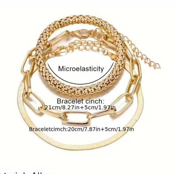 Gold Bracelet 3pc Set Snake Chain Herringbone Statement Stylish Glam Elegant - Picture 5 of 5